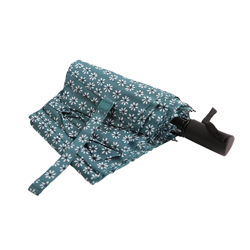 Ô dù gấp 3 Pongee họa tiết hoa xanh tươi mát-0E6B0512